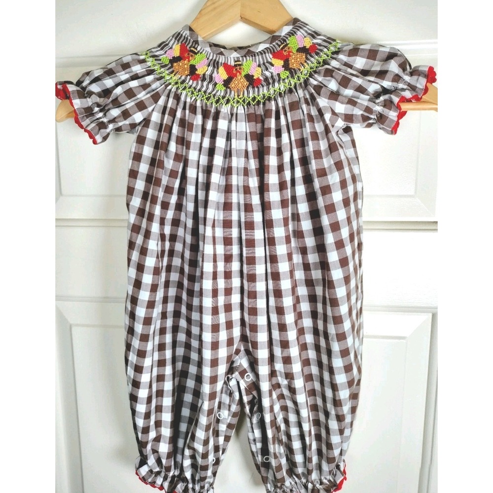 Smocked Auctions Thanksgiving Turkey Brown Gingham Bubble Romper Size 9M
